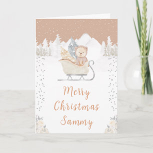 Cartes Pour Fêtes Annuelles Ours d'hiver Marron Traîneau Joyeux Noël