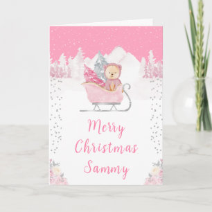 Cartes Pour Fêtes Annuelles Ours d'hiver Rose Sleigh Joyeux Noël