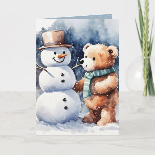 Cartes Pour Fêtes Annuelles Ours En Jouet De Noël Et Snowman (Devant)