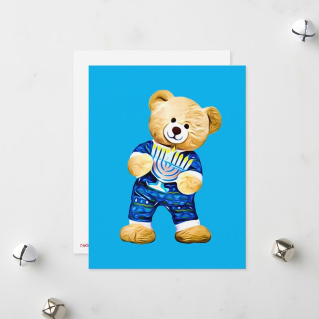 Cartes Pour Fêtes Annuelles Ours en peluche Menorah (Devant/Arrière en situation)