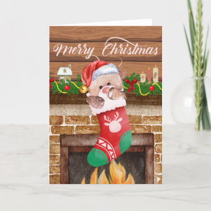 Cartes Pour Fêtes Annuelles Ours en peluche Noël Chaussette Cheminée Mantel 