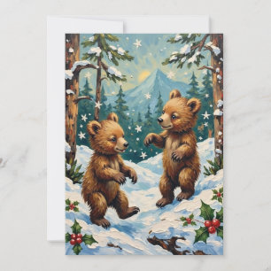 Cartes Pour Fêtes Annuelles Ours en peluche vintage jouant dans un Noël enneig