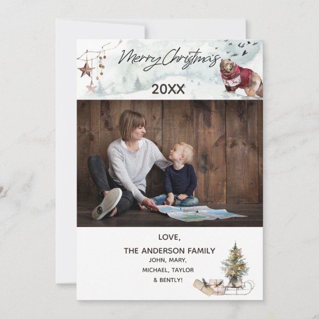 Cartes Pour Fêtes Annuelles Ours forestier boisé avec photo Joyeux Noël (Devant)