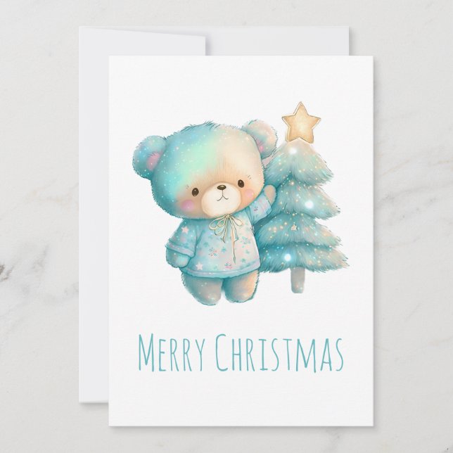 Cartes Pour Fêtes Annuelles Ours mignon et sapin de Noël (Devant)