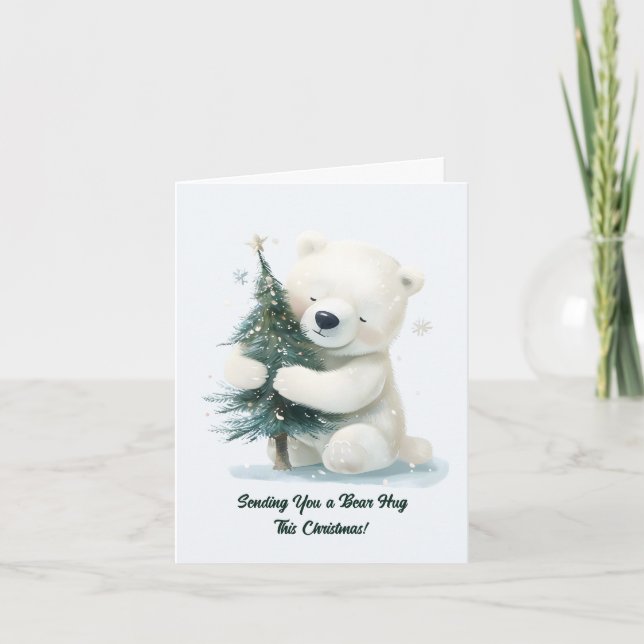 Cartes Pour Fêtes Annuelles Ours polaire adorable étreignant l'arbre de Noël,  (Devant)