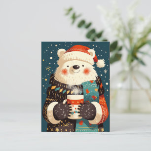 Cartes Pour Fêtes Annuelles Ours polaire avec une tasse de chocolat chaud