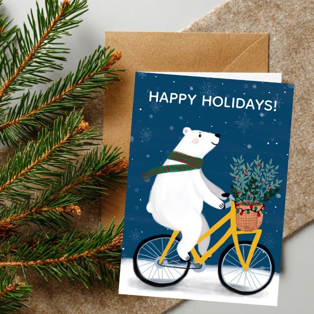 Cartes Pour Fêtes Annuelles Ours polaire sur vélo Charme joli Noël Personnalis (Polar Bear on Bike Charming Cute Christmas Custom Holiday Card - add your own text
)