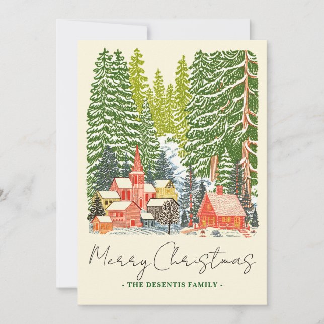 Cartes Pour Fêtes Annuelles Outdoorsy Mountain Town Linocut Photo de Noël (Devant)