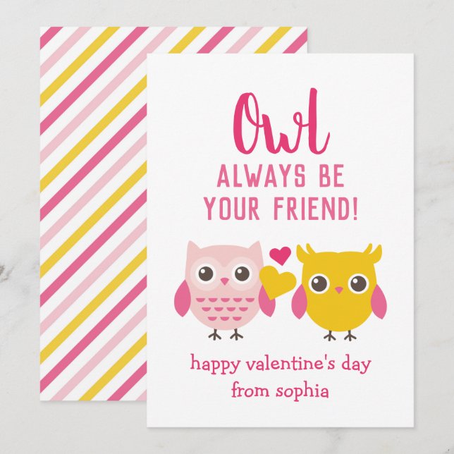 Cartes Pour Fêtes Annuelles Owl Be Always Your Friend Kids Valentine's Cards (Devant / Derrière)