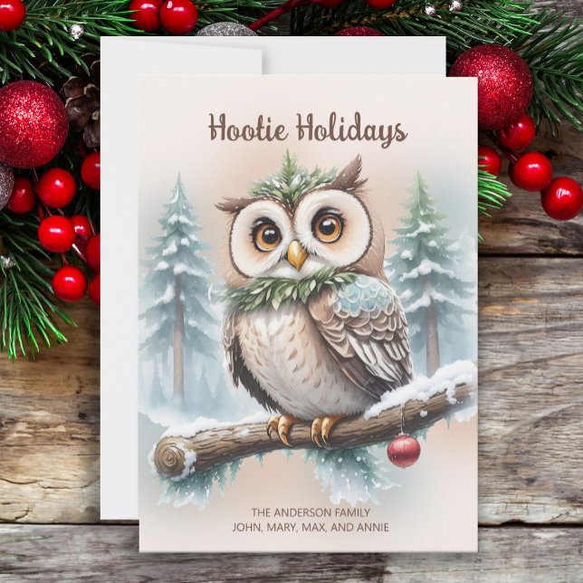 Cartes Pour Fêtes Annuelles Owl Rustic Noël "Hootie Holidays" ("Hootie Holidays" owl watercolor painting Christmas holiday greeting card.)