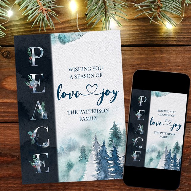 Cartes Pour Fêtes Annuelles PAIX Amour et joie Forêt d'hiver Noël (Peace love & Joy Christmas Card. Buy professionally printed or as a printable digital download.)