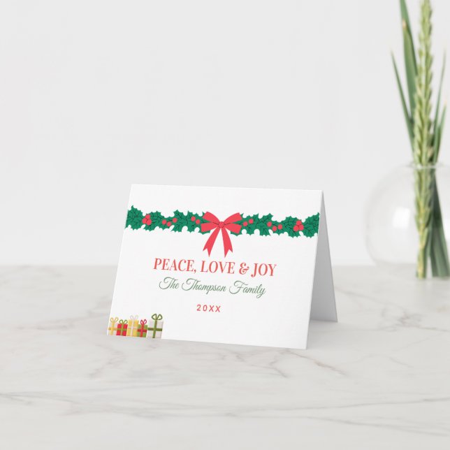 Cartes Pour Fêtes Annuelles Paix Amour et Joie Vert Rouge Verdure d'Hiver (Devant)