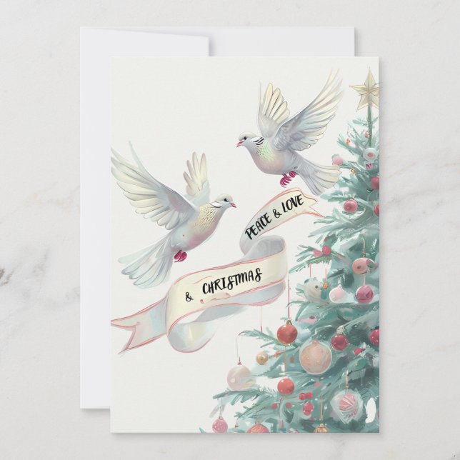 Cartes Pour Fêtes Annuelles Paix, Amour, et Noël, Doves et Arbre (Devant)