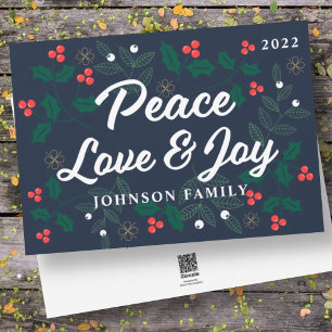 Cartes Pour Fêtes Annuelles Paix Amour & Joie Moderne Baies de houx Feuillage