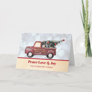 Cartes Pour Fêtes Annuelles Paix Amour & Joie Petit Camion Rouge avec Sapin de