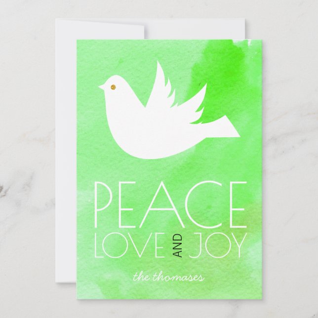 Cartes Pour Fêtes Annuelles Paix, amour, joie vert aquarelle & colombe Noël (Devant)