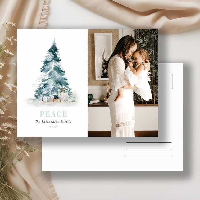 Cartes Pour Fêtes Annuelles Paix Aquarelle Pine Noël Arbre cadeau photo (Créateur téléchargé)