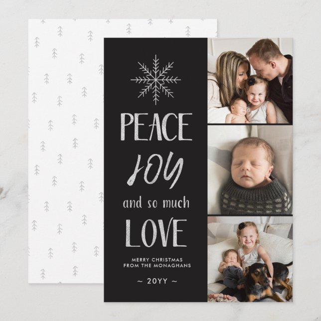 Cartes Pour Fêtes Annuelles Paix, joie, amour | Noir argenté | 3 Photo (Devant / Derrière)