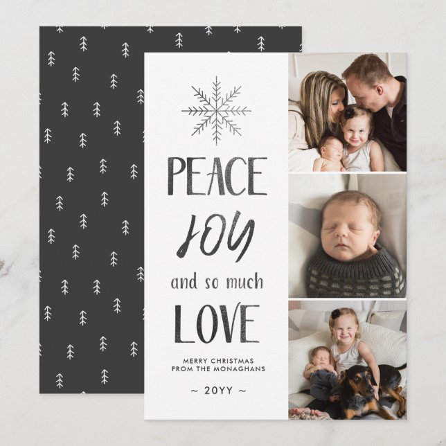 Cartes Pour Fêtes Annuelles Paix, joie, amour | Noir texturé | 3 Photo (Devant / Derrière)