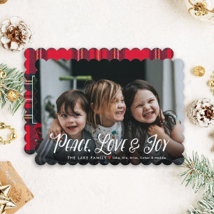 Cartes Pour Fêtes Annuelles Paix moderne, Amour Joie Rouge Plaid Photo de Noël