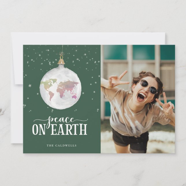 Cartes Pour Fêtes Annuelles Paix sur Terre Globe Ornement photo verte (Devant)