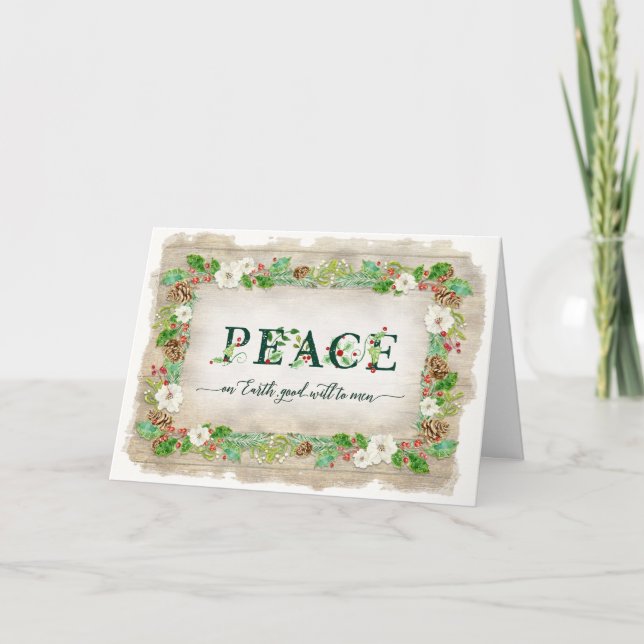 Cartes Pour Fêtes Annuelles Paix sur Terre Noël Rustique Aquarelle Florale (Devant)