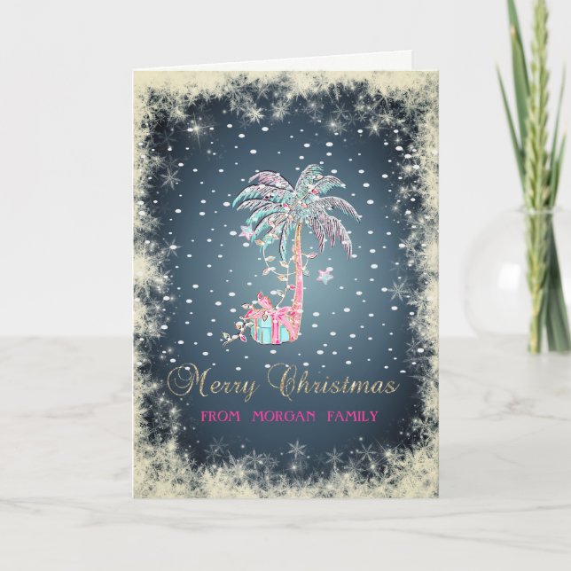 Cartes Pour Fêtes Annuelles Palmier de Noël, Neige, Présent (Devant)