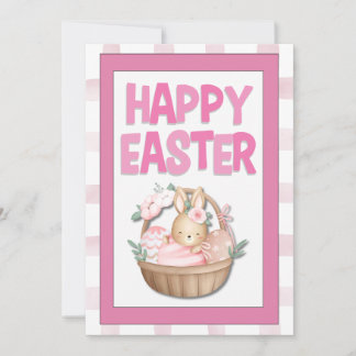 Cartes Pour Fêtes Annuelles Panier de lapin de Pâques & carreaux roses