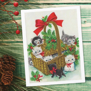 Cartes Pour Fêtes Annuelles Panier De Noël Vintage Plein De Chatons