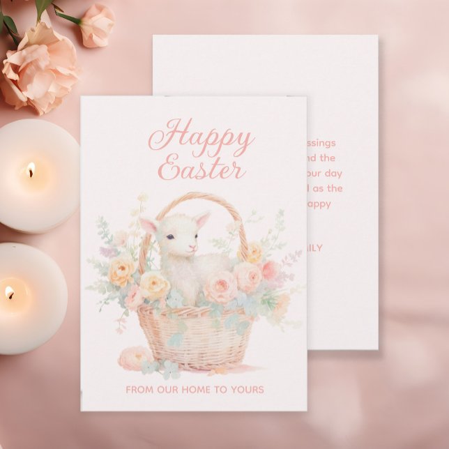 Cartes Pour Fêtes Annuelles Panier de Pâques Agneau rose Pêche Floral (Lamb Easter greeting card)