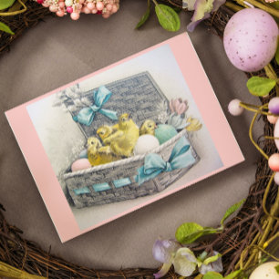 Cartes Pour Fêtes Annuelles Panier de Pâques avec poussins, œufs et fleurs
