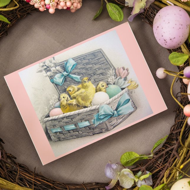 Cartes Pour Fêtes Annuelles Panier de Pâques avec poussins, oeufs et fleurs (Créateur téléchargé)