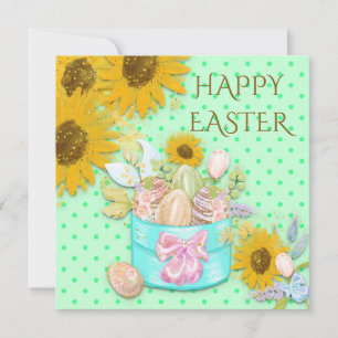 Cartes Pour Fêtes Annuelles Panier de tournesols d'oeufs Joyeux points verts d