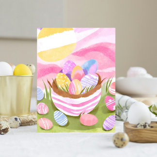 Cartes Pour Fêtes Annuelles Panier d'oeufs de Pâques rose | Aquarelle Pastel