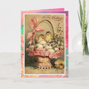CARTES POUR FÊTES ANNUELLES PANIER ÉLÉGANT, POULET, FLEURS ET OEUFS DE PÂQUES