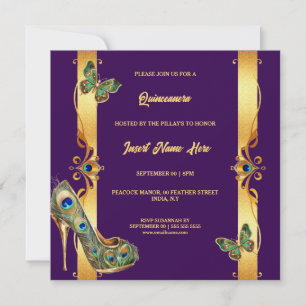Cartes Pour Fêtes Annuelles Paon Quinceañera or et violet glamour plumes