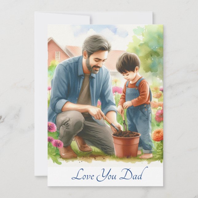 Cartes Pour Fêtes Annuelles Papa et fils mignons jardinant ensemble à l'aquare (Devant)