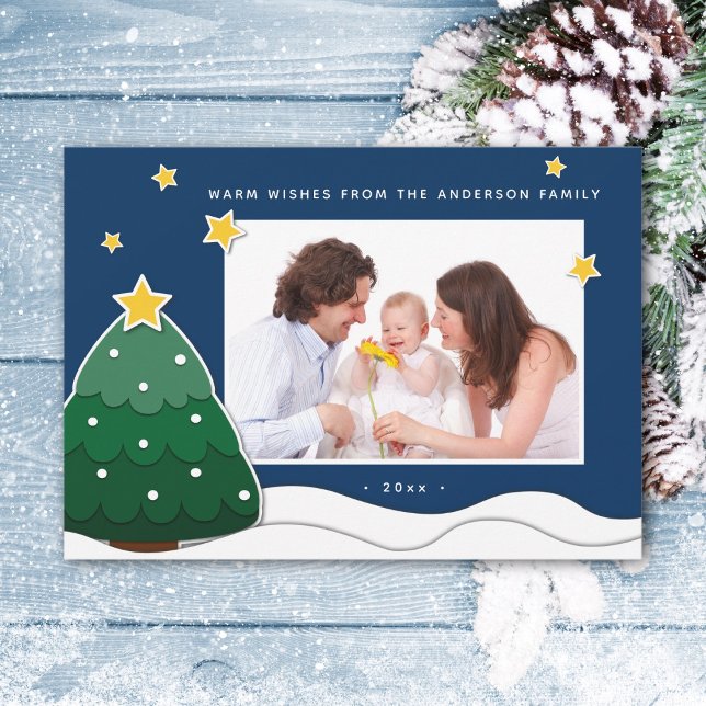 Cartes Pour Fêtes Annuelles Papercut Stars & Snowy Christmas Tree Photo famill (Créateur téléchargé)