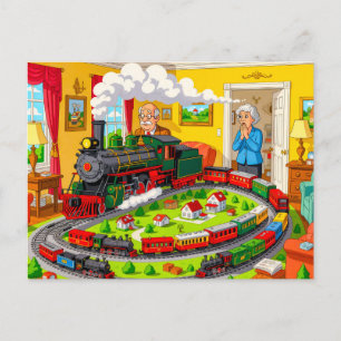 Cartes Pour Fêtes Annuelles Papi avec train à vapeur sur un énorme réseau ferr