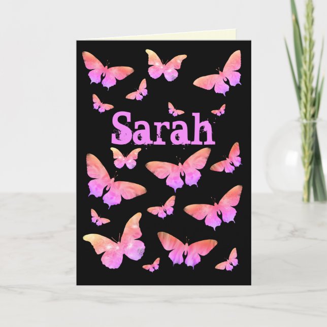 Cartes Pour Fêtes Annuelles Papillon rose et violet Pop Art Sarah Nom (Devant)