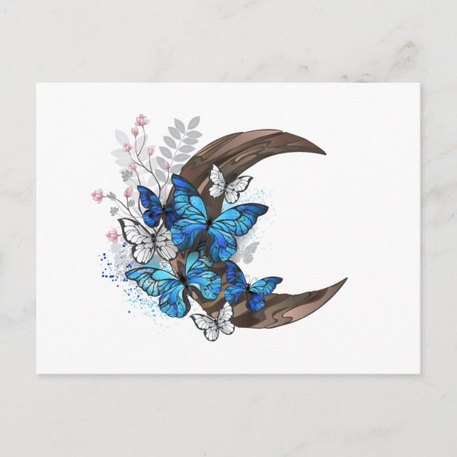 Cartes Pour Fêtes Annuelles Papillons bleus sur croissant en bois (Devant)