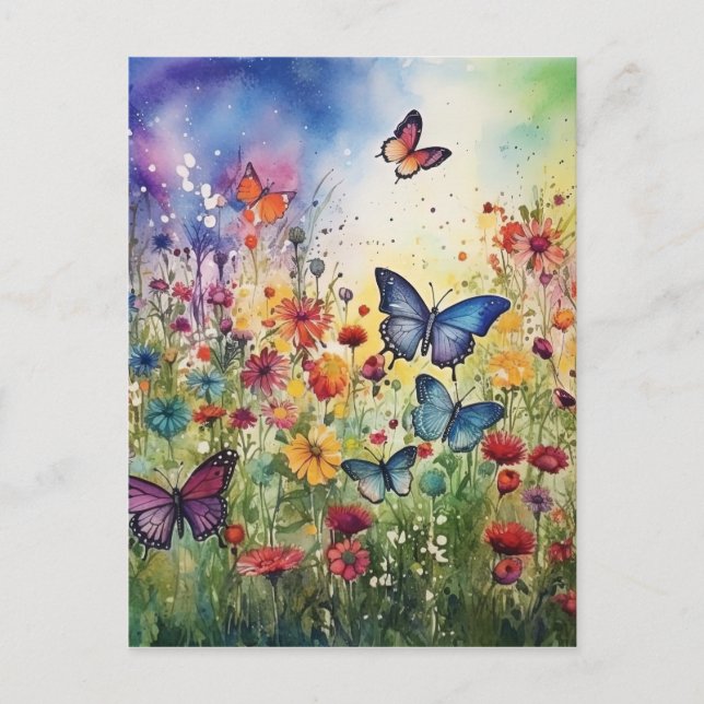 Cartes Pour Fêtes Annuelles Papillons et fleurs aquarelles (Devant)