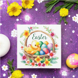 Cartes Pour Fêtes Annuelles Pâques accueillant poussins tropicaux et oeufs