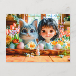 Cartes Pour Fêtes Annuelles Pâques au matin avec tulipes et chat