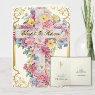 Cartes Pour Fêtes Annuelles Pâques Christ est ressuscité Croix florale Prière