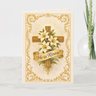Cartes Pour Fêtes Annuelles Pâques Or  Lys Croix Il est ressuscité