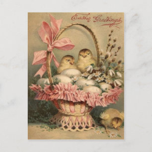 Cartes Pour Fêtes Annuelles Pâques Panier Oeuf Chick Pink Bow