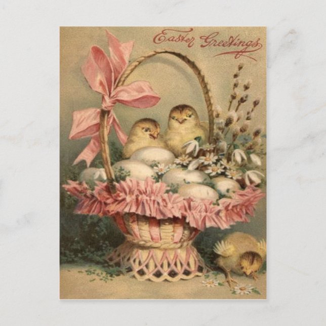 Cartes Pour Fêtes Annuelles Pâques Panier Oeuf Chick Pink Bow (Devant)
