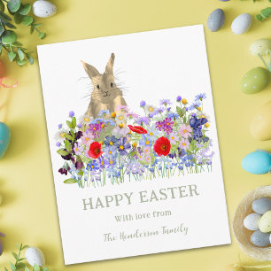 Cartes Pour Fêtes Annuelles Pâques Personnalisé Lapin Mignon Fleurs Sauvages