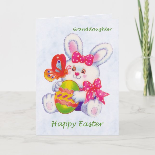 Cartes Pour Fêtes Annuelles Pâques. Petite-fille. Lapin, oeufs et papillon (Devant)